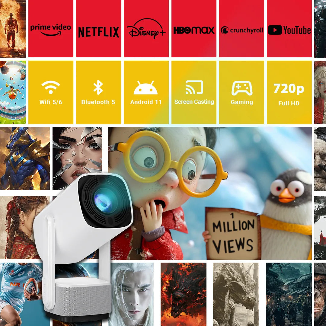 Ayisa 720P HD Portable Projector, Android Smart Projector A2PTZ with Upgraded WiFi 5/6 and Stand, Compatible with TV Stick, Smartphone, HDMI, USB, For Indoor & Outdoor Use