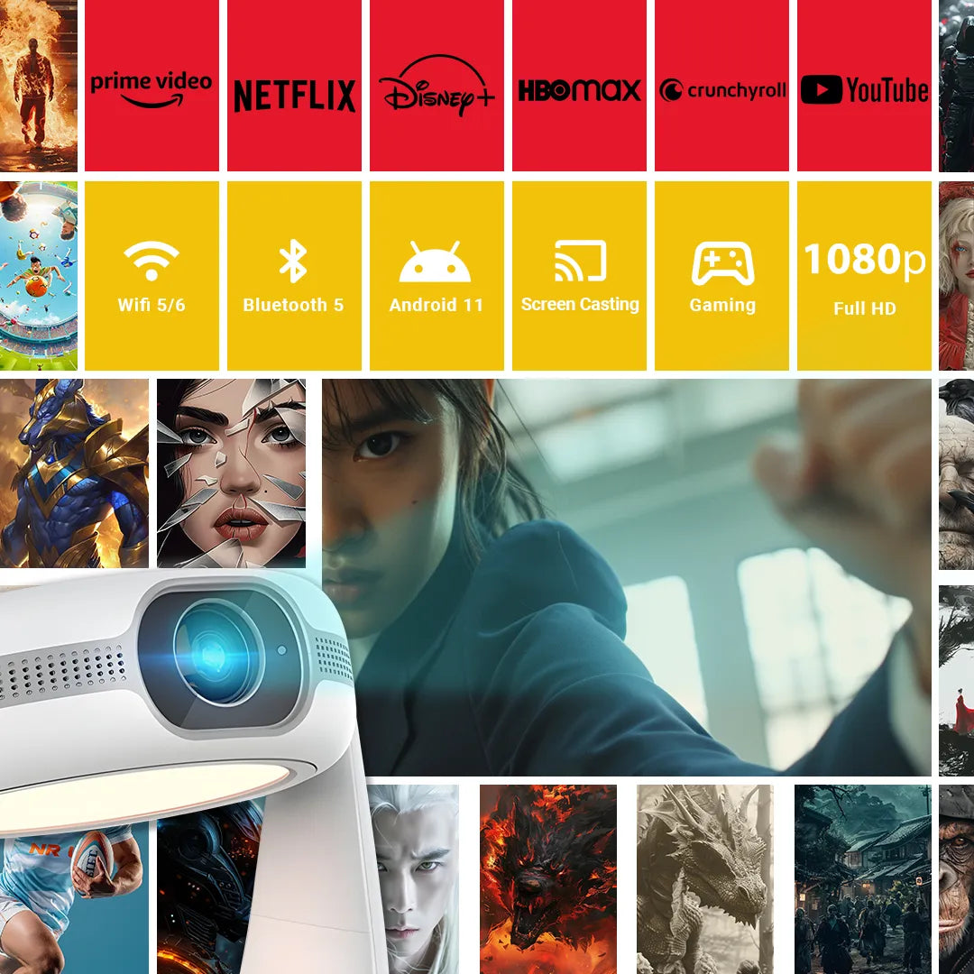 Ayisa Android Smart Projector AK1, Upgraded WiFi 5/6, 1080P Full HD Portable Projector with Built-In Stand, Compatible with TV Stick, Smartphone, HDMI, USB, for Indoor & Outdoor Use