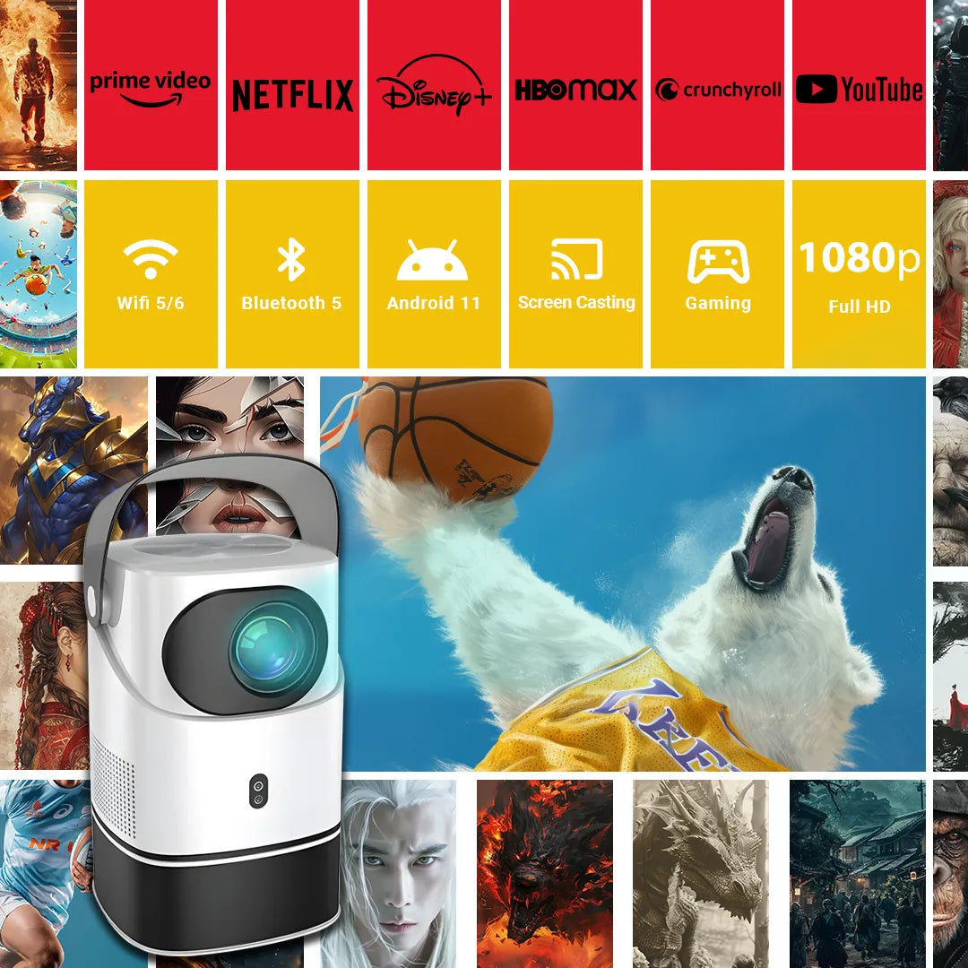 Ayisa Android Smart Projector ATS2, 1080P Full HD Portable Projector with Upgraded WiFi 5/6 and Gimbal, Compatible with TV Stick, Smartphone, HDMI, USB, Ideal for Indoor & Outdoor Use