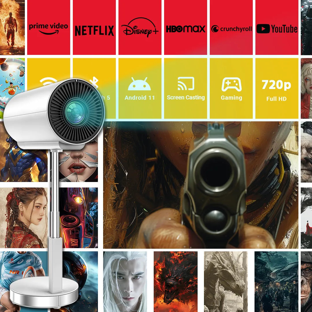 Ayisa Android Smart Projector ATS3, Upgraded WiFi 5/6, 720P HD, Portable with Gimbal, Works with TV Stick, Smartphone, HDMI, USB, Great for Indoor & Outdoor Use
